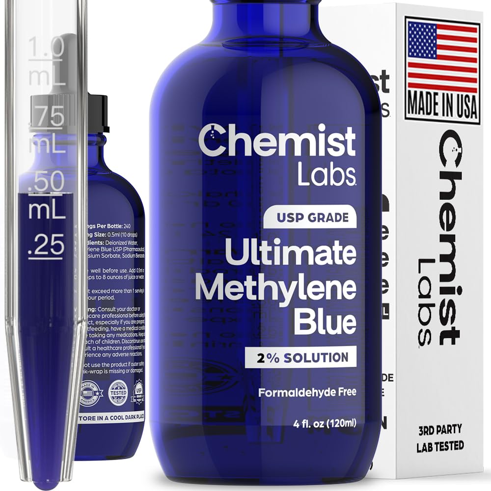 Chemist Labs methylene blue 2% bottle for precise, measured dosing.