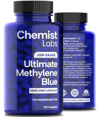 Chemist Labs Methylene Blue capsules beside a glass of water for easy integration