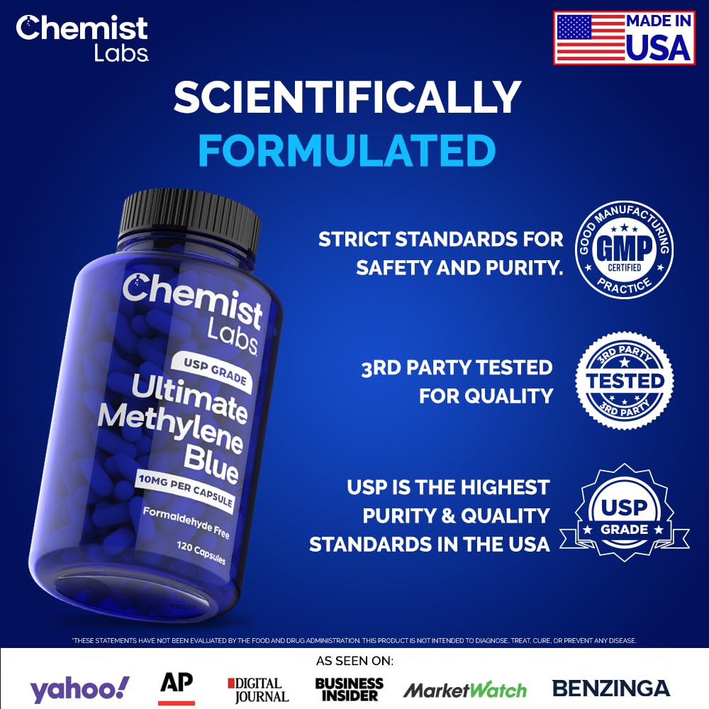 Chemist Labs Methylene Blue label close-up emphasizing pharmaceutical-grade purity