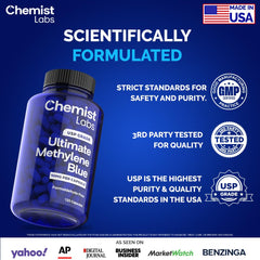 Chemist Labs Methylene Blue label close-up emphasizing pharmaceutical-grade purity