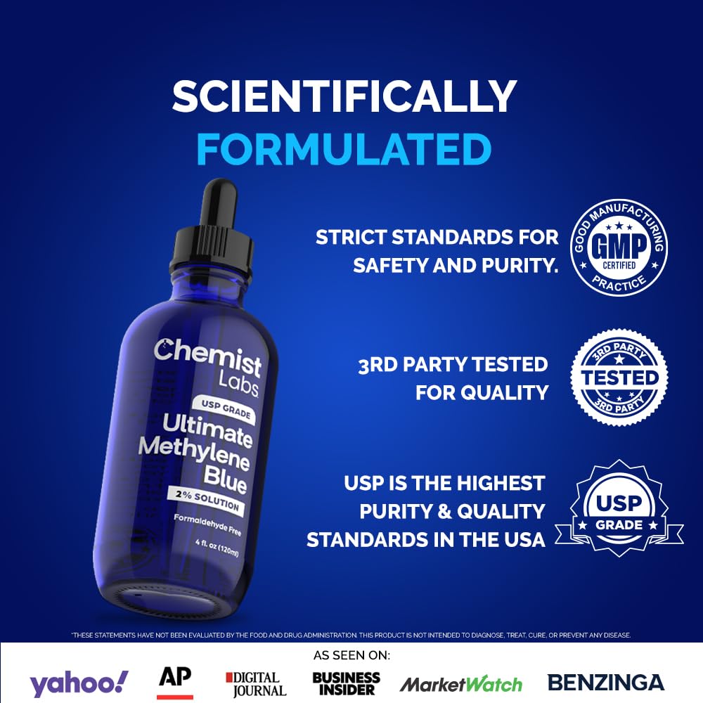 Dropper dispensing 0.5 ml serving from Chemist Labs methylene blue.