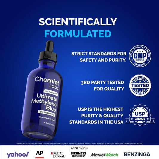 Dropper dispensing 0.5 ml serving from Chemist Labs methylene blue.