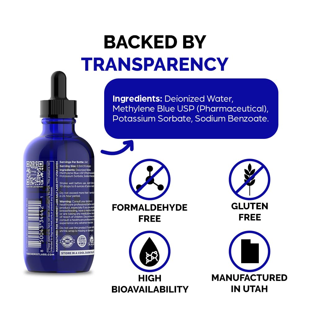Blue methylene blue liquid inside a clear bottle for visibility.
