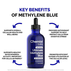 Chemist Labs methylene blue label displays high purity and USP grade.