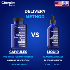 Chemist Labs Methylene Blue in a vegetable capsule, clean ingredients highlighted