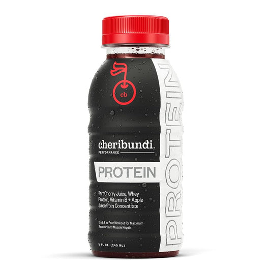 Cheribundi Tart Cherry Protein bottle on table for after-workout recovery