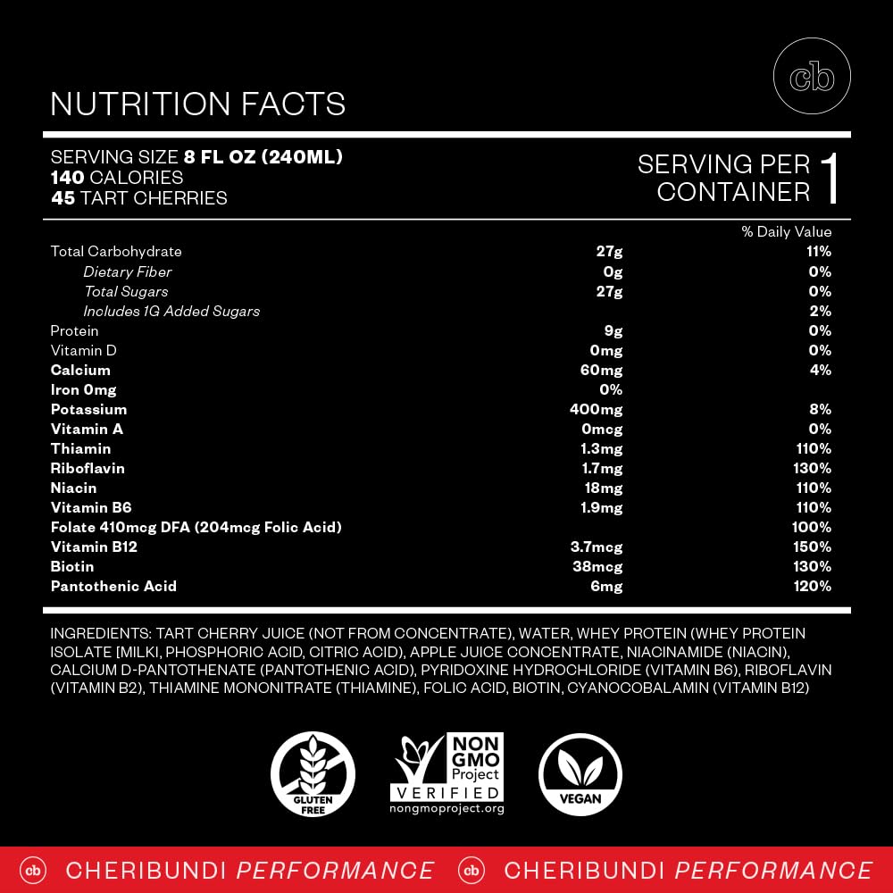 Close-up of Cheribundi Tart Cherry Protein label showing nutrition details