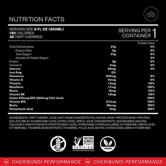 Close-up of Cheribundi Tart Cherry Protein label showing nutrition details