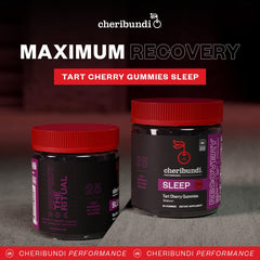 Cheribundi Sleep Gummies with melatonin close-up of bottle showing 3 mg added for rest.