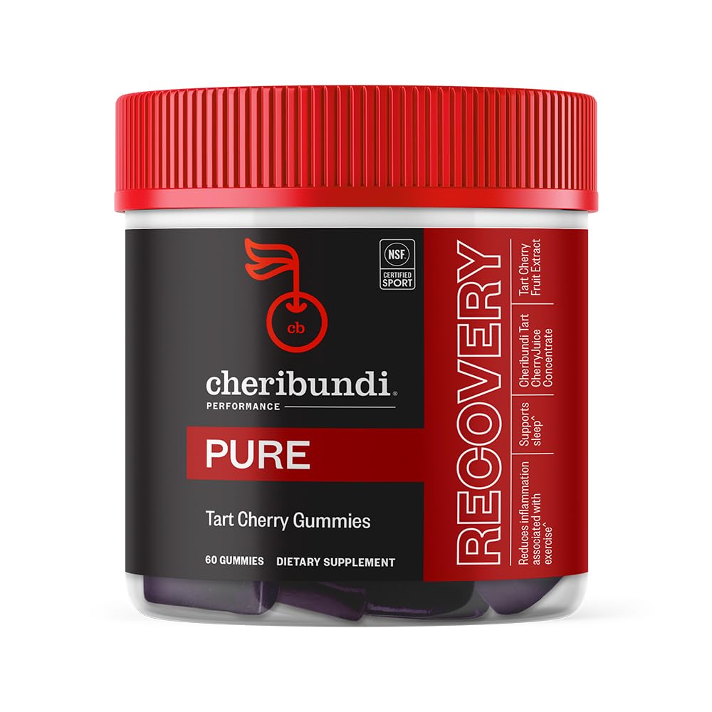 Cheribundi Tart Cherry Gummies Pure bottle front showing 25 cherries per serving for recovery