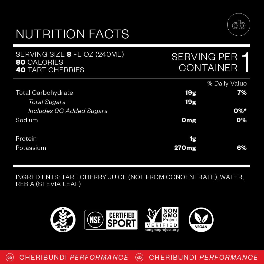 Cheribundi Tart Cherry Sleep label closeup highlights non-GMO and sugar-free formulation.