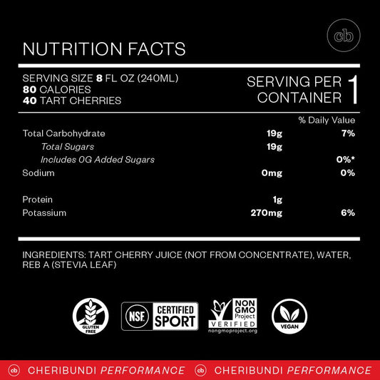 Cheribundi Tart Cherry Sleep label closeup highlights non-GMO and sugar-free formulation.
