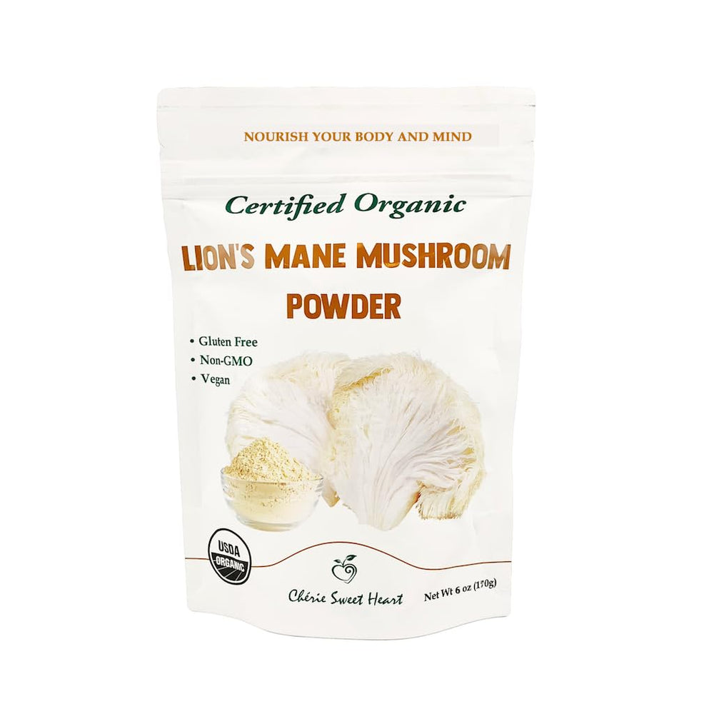 Chérie Sweet Heart Organic Lion's Mane powder bottle for daily cognitive wellness.