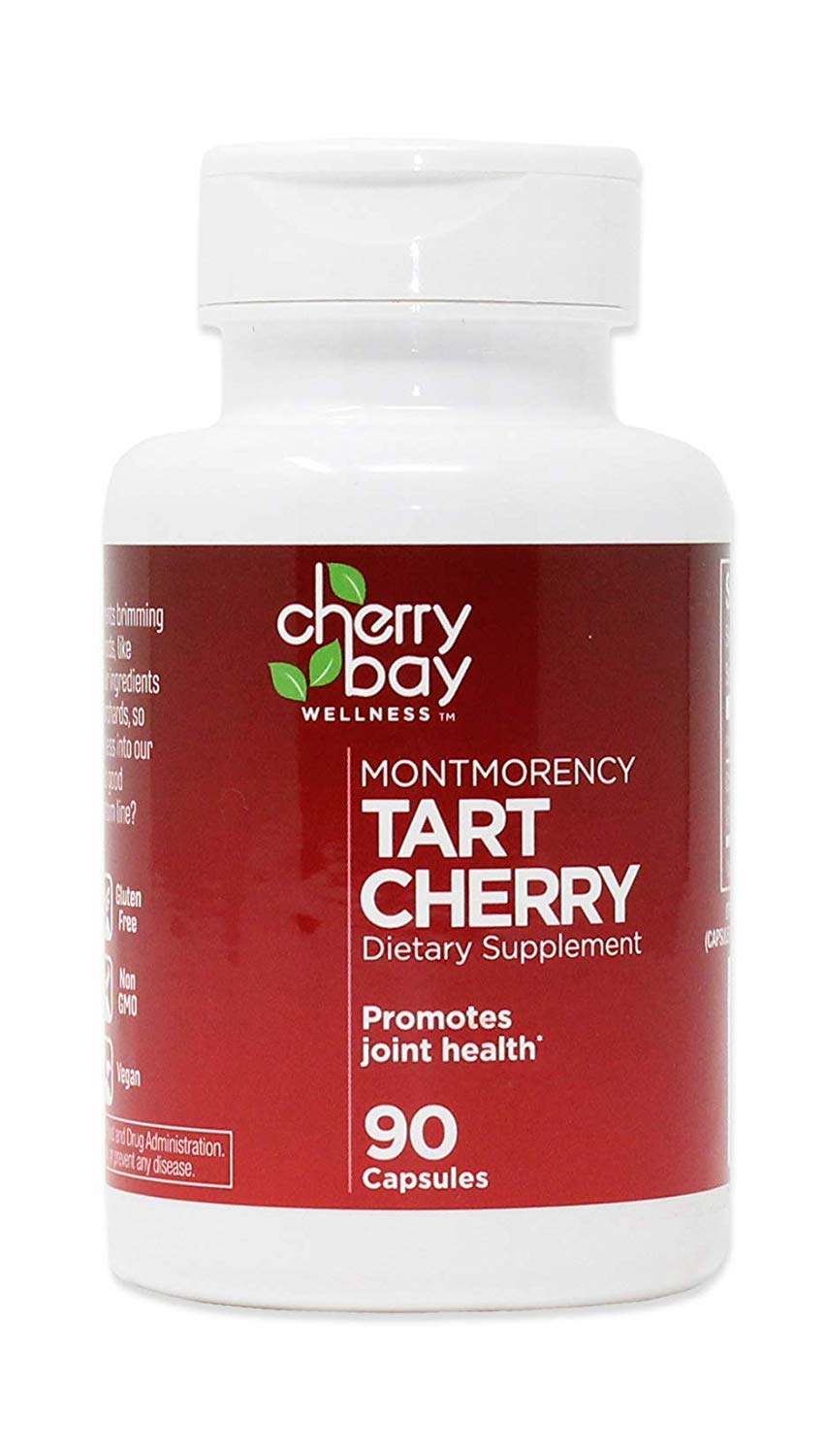 Cherry Bay Wellness Montmorency Tart Cherry capsules in bottle, supports joint health and restful sleep.