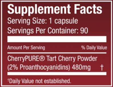 Cherry Bay Wellness Tart Cherry softgel capsules in bottle highlighting vegan and gluten-free formula.