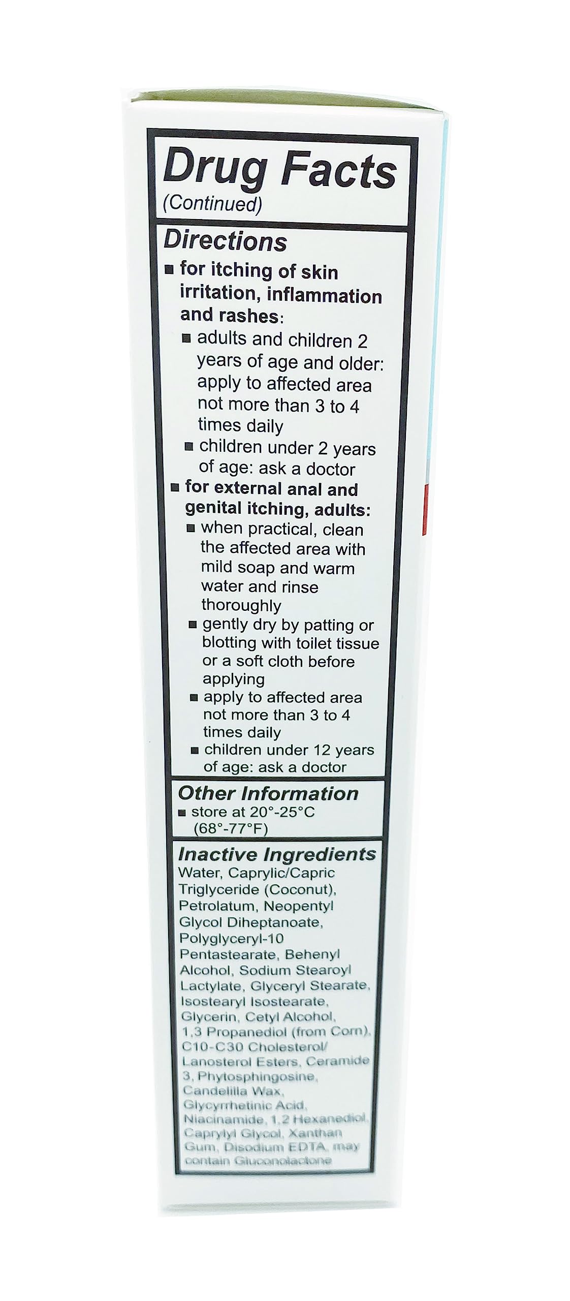 Label highlights 1% hydrocortisone and key ingredients