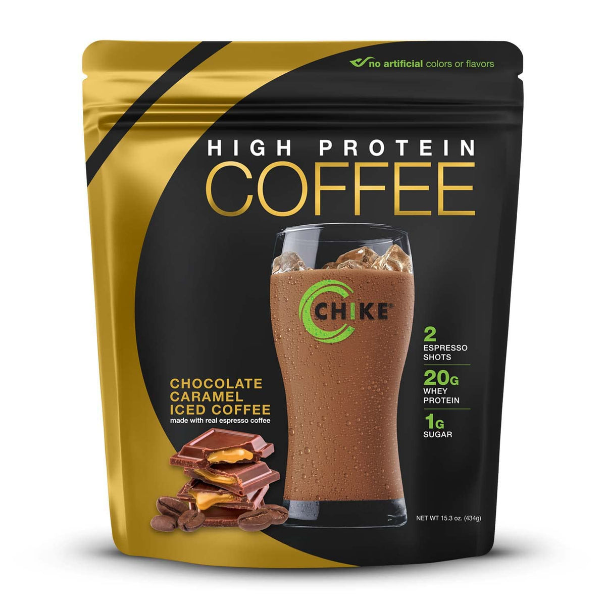 CHIKE Chocolate Caramel Iced Coffee bottle showing protein-packed beverage for busy mornings