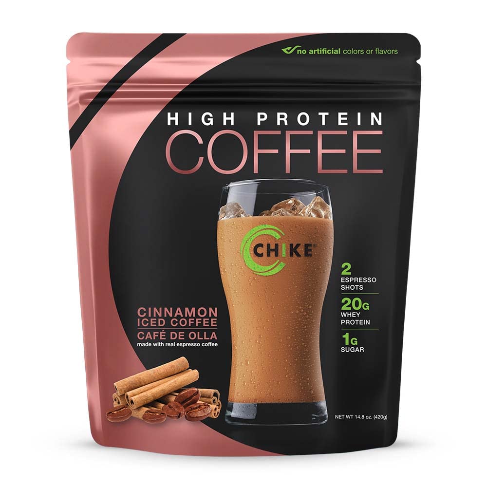CHIKE Cinnamon High-Protein Iced Coffee bottle with espresso for a morning boost.