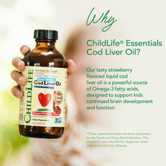 CHILDLIFE ESSENTIALS Arctic purity cod liver oil bottle emphasizes toxin-free nutrition for children.