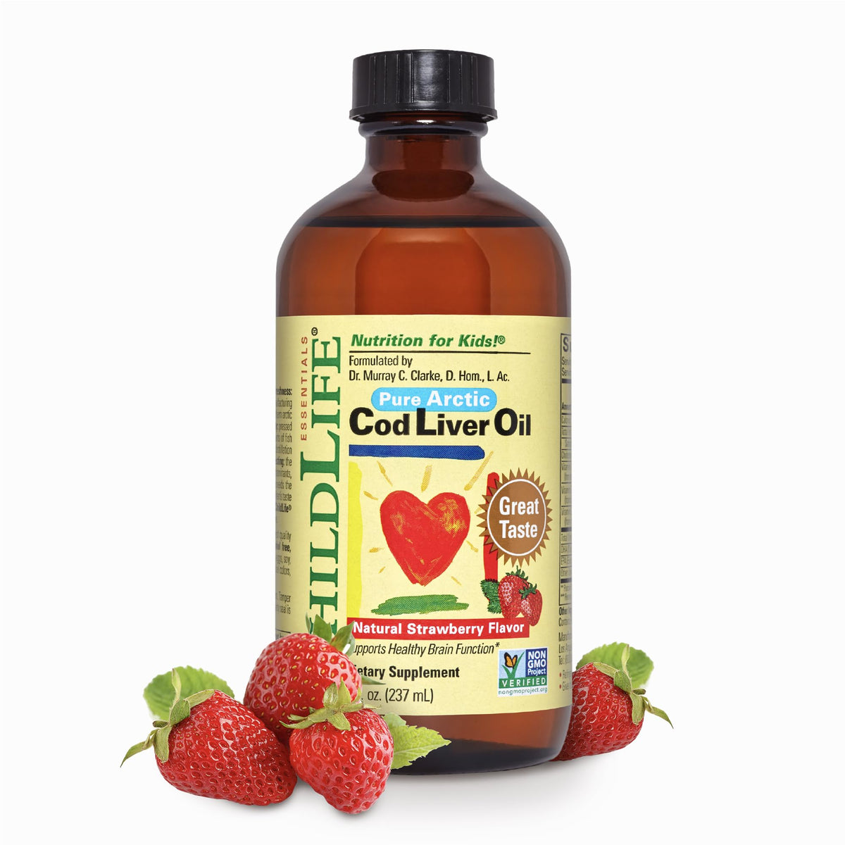 CHILDLIFE ESSENTIALS Cod Liver Oil bottle with strawberry flavor supports kids' daily Omega-3 intake.