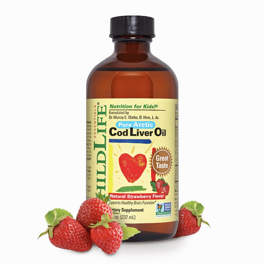 CHILDLIFE ESSENTIALS Cod Liver Oil bottle with strawberry flavor supports kids' daily Omega-3 intake.