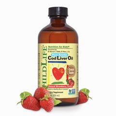 CHILDLIFE ESSENTIALS Cod Liver Oil bottle with strawberry flavor supports kids' daily Omega-3 intake.