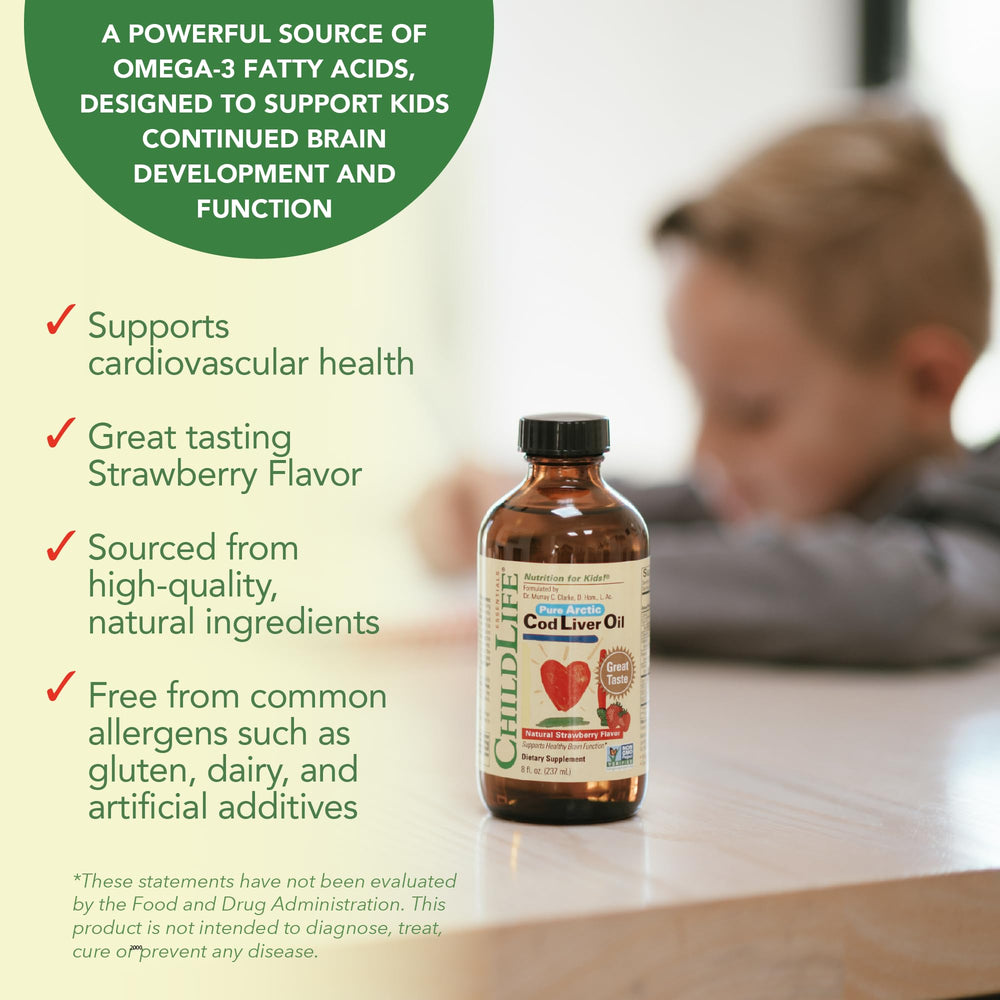 CHILDLIFE ESSENTIALS cod liver oil bottle highlights added DHA and EPA for brain support.