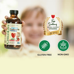 CHILDLIFE ESSENTIALS cod liver oil bottle shows toddler dosing guidance for ages 1-3.