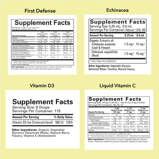 Close-up of CHILDLIFE ESSENTIALS Immune Support label highlighting key ingredients for kids.