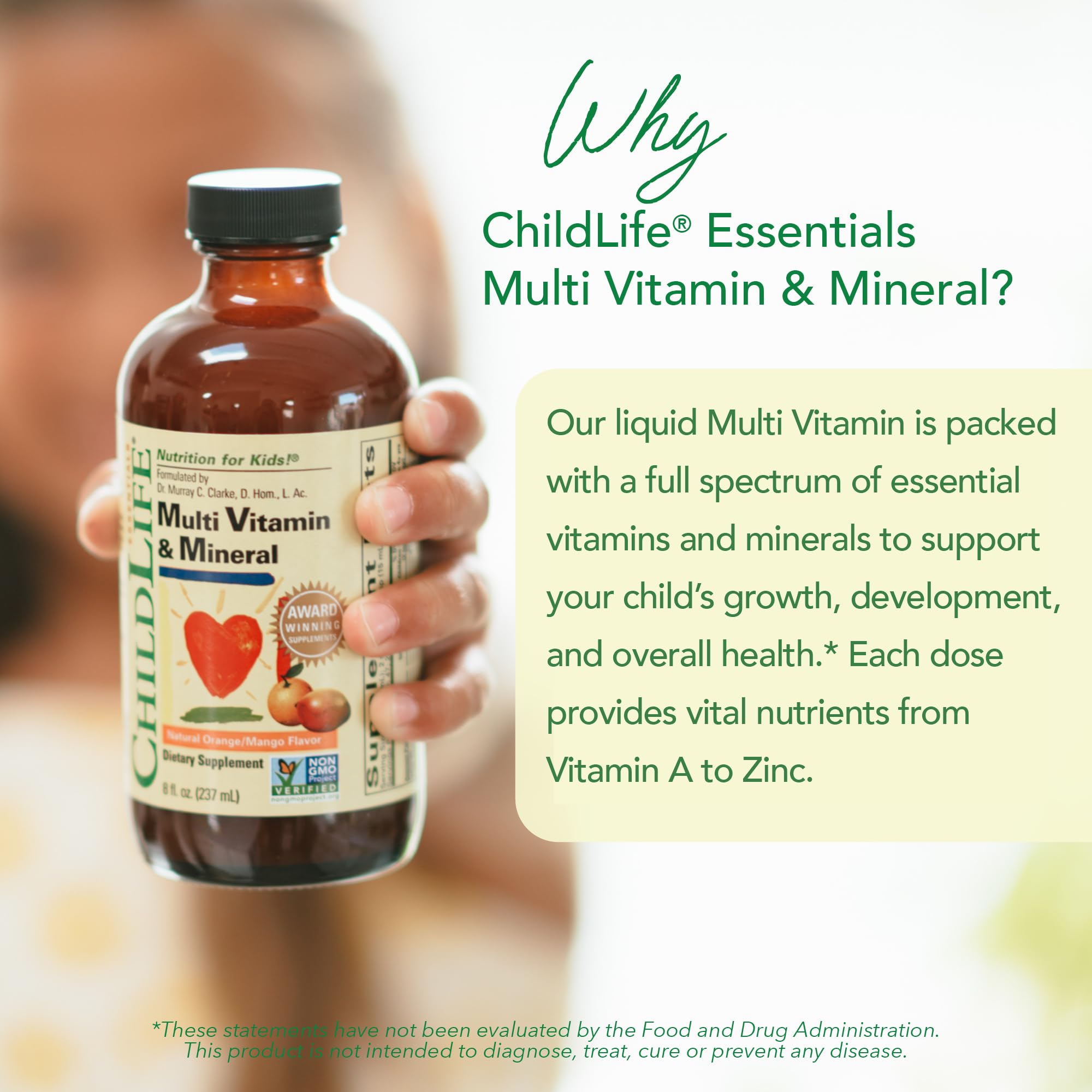 CHILDLIFE ESSENTIALS bottle label shows gluten-free, non-GMO formula