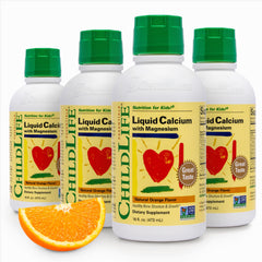 ChildLife Essentials liquid calcium bottle showing orange flavor for kids' daily minerals.