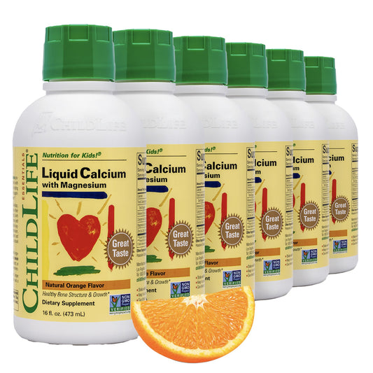 ChildLife Essentials liquid calcium orange bottle supports healthy bone growth in kids.