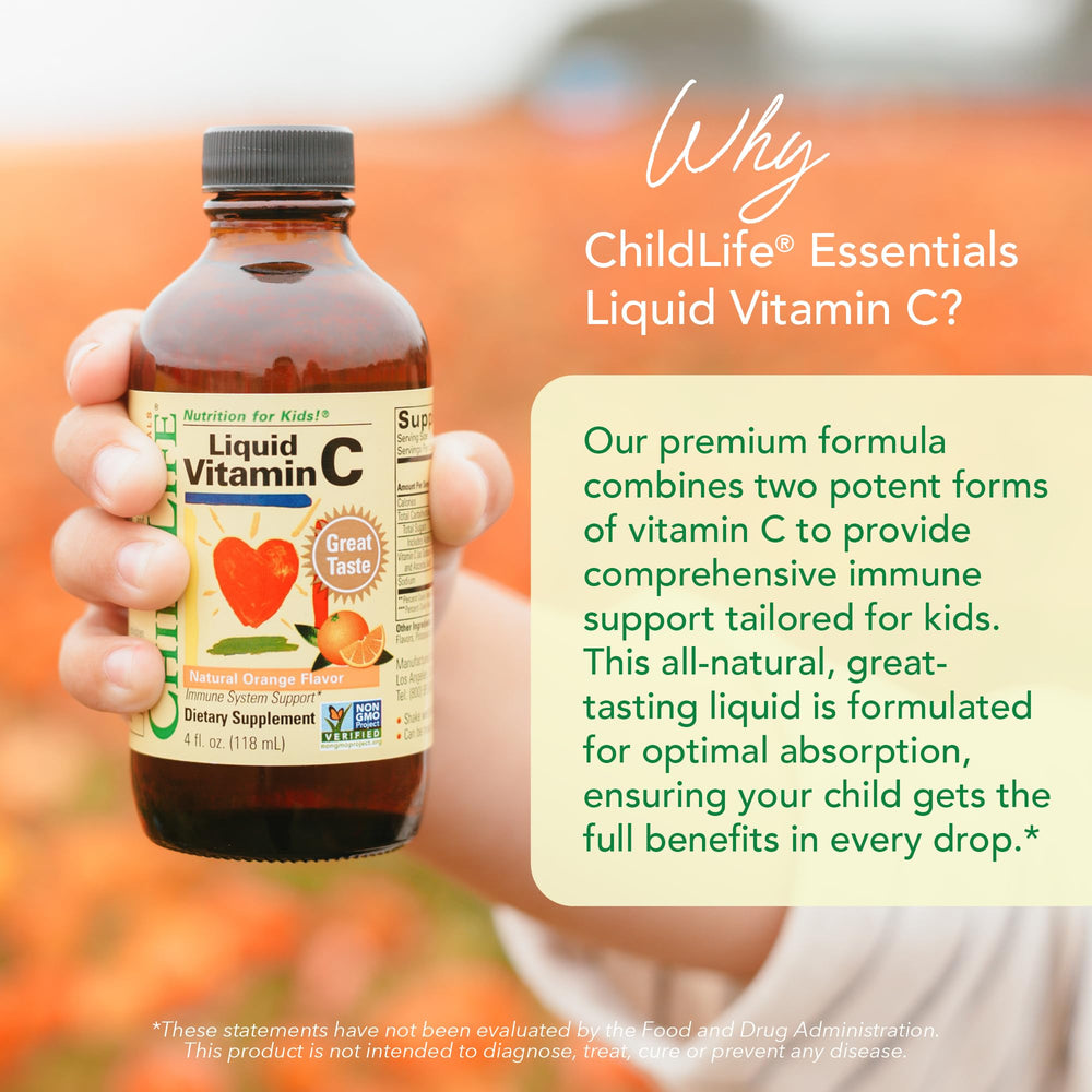 ChildLife Essentials dosing spoon with Vitamin C demonstrates kid-friendly portions.