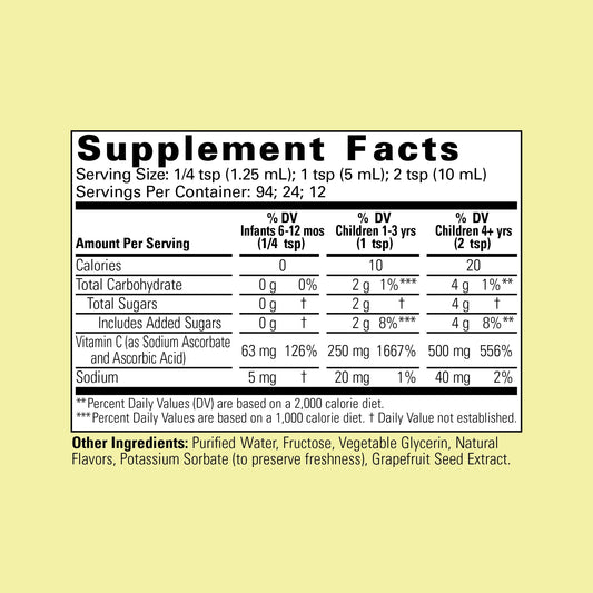ChildLife Essentials liquid Vitamin C pour showing easy dosing for kids.