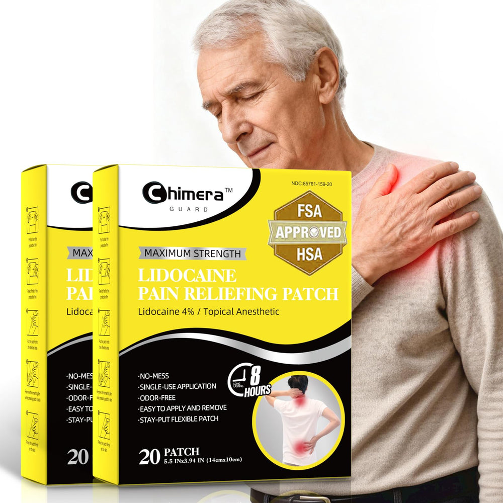 Chimera GUARD 4% Lidocaine patches in packaging, ready for quick, targeted relief.