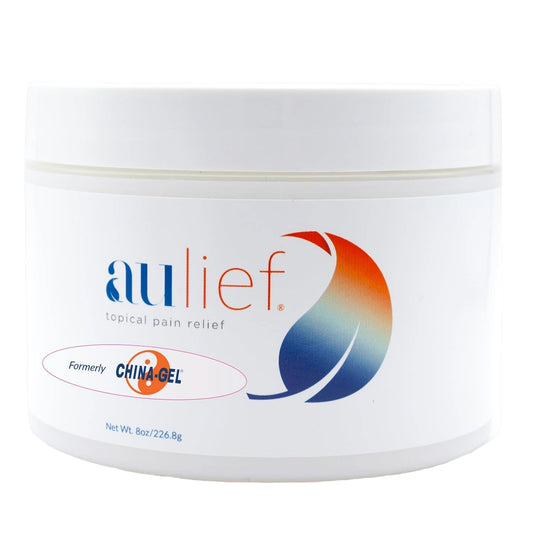 China-Gel Aulief pain relief cream jar for targeted joint and muscle relief.