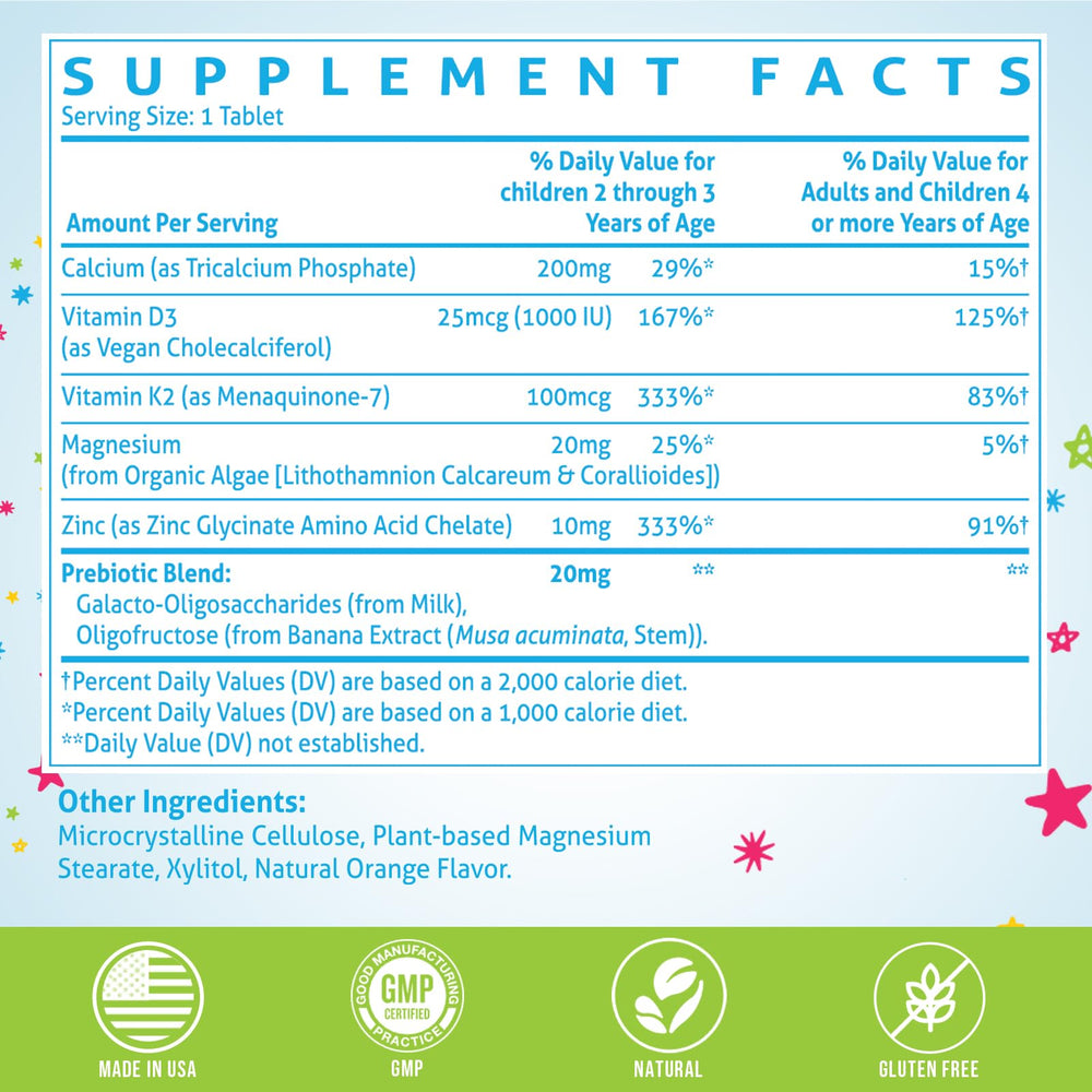 ChiQwench calcium D3 K2 tablets support calcium absorption for kids.