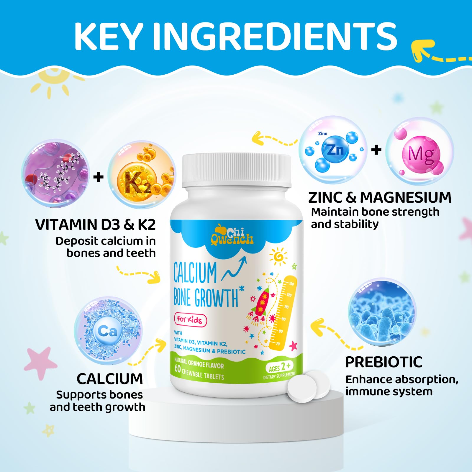 ChiQwench prebiotic blend tablets support gut health with zinc and magnesium.