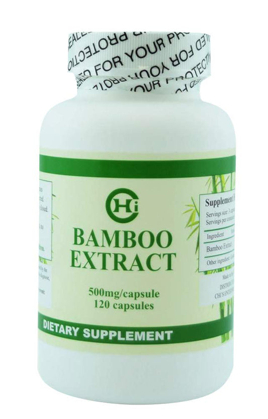 Chi's Enterprise Bamboo Extract bottle with 500mg capsules for daily wellness.