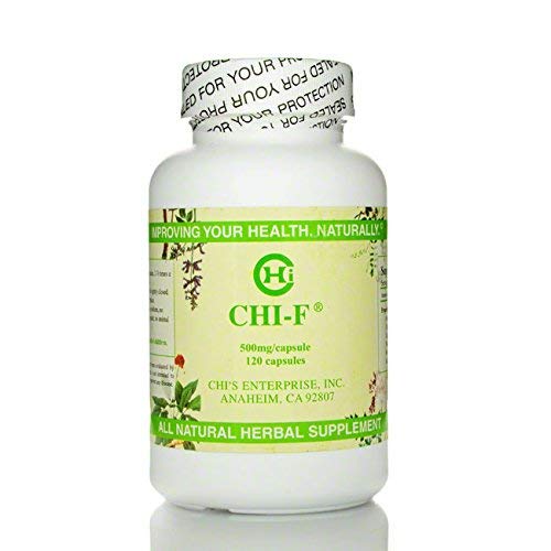 Chi-F bottle closeup by Chi's Enterprise showing 500 mg capsules for daily Qi support