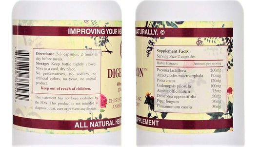 Chi's Enterprise Digestron capsules showing herbal enzyme production support