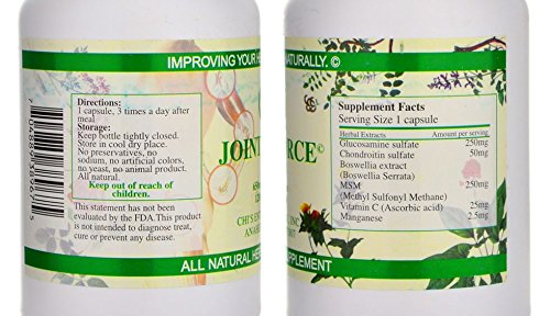 Chi's Enterprise Joint Force capsules close-up, highlighting glucosamine, MSM and chondroitin for joint support.