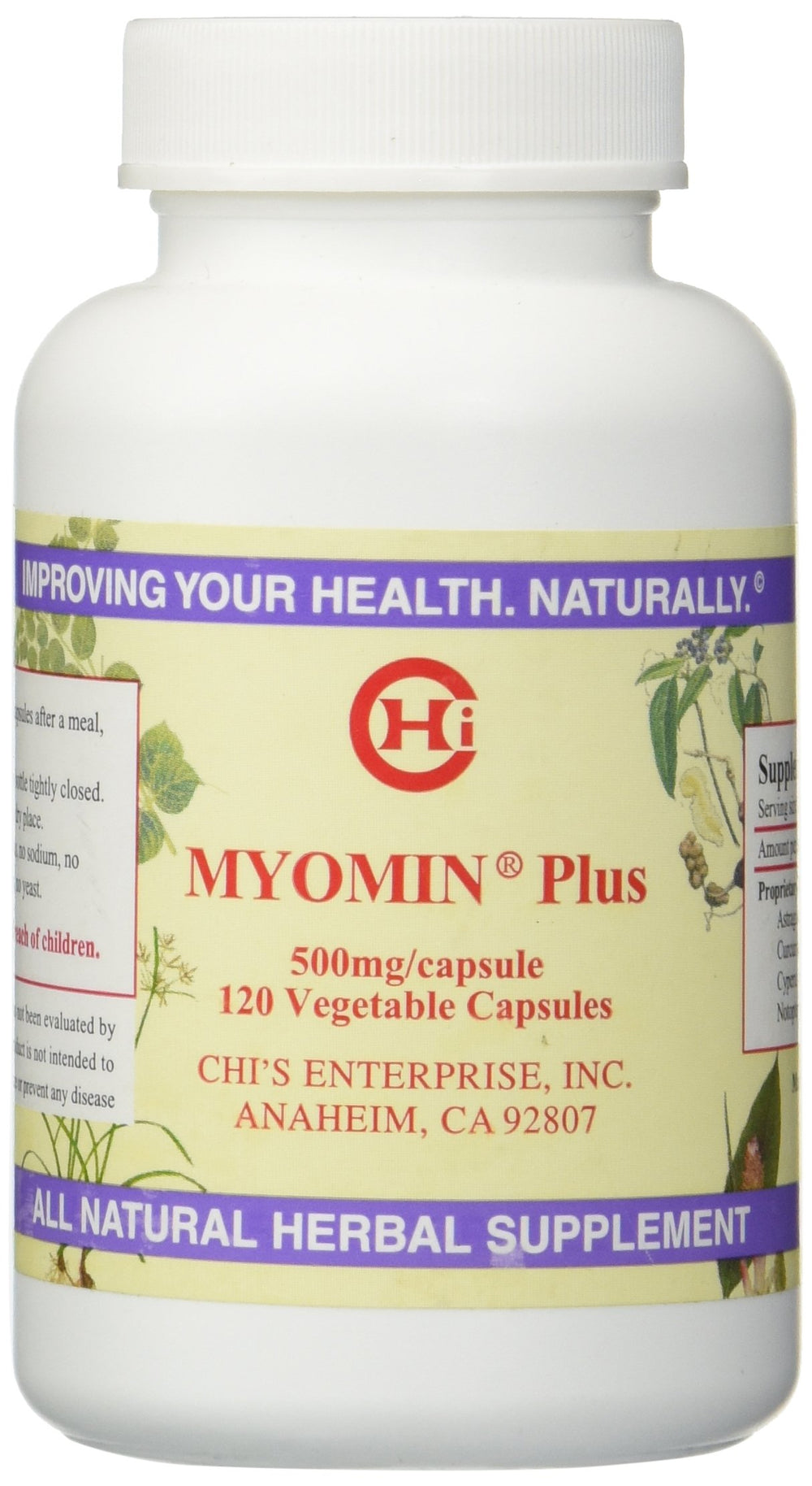 Chi's Enterprise Myomin Plus bottle cover, 500 mg capsules, for daily prenatal vitamin routines.