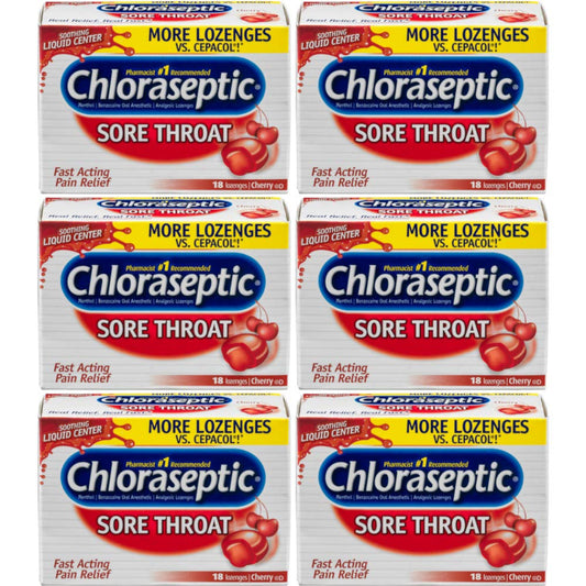 Chloraseptic cherry lozenge pack of 6 for convenient home or travel relief.