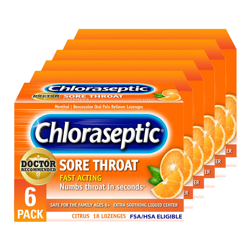 Chloraseptic Citrus lozenges 18-count pack front view for quick throat relief
