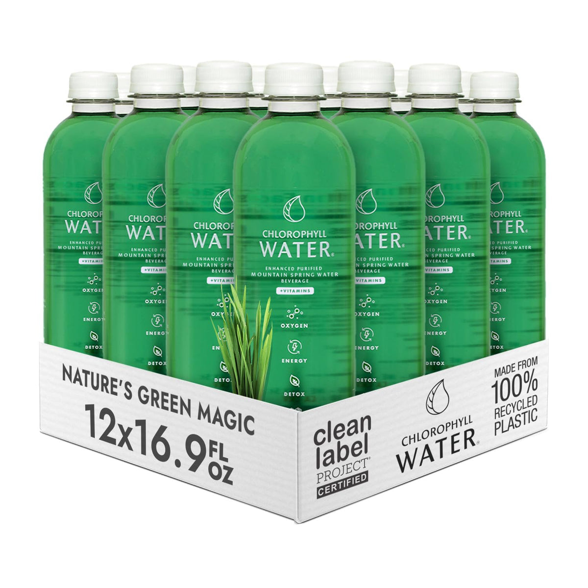 Chlorophyll Water bottle packaging highlights clean-label certification and sustainability.