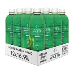 Chlorophyll Water bottle packaging highlights clean-label certification and sustainability.