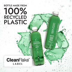 Bottle close-up highlights CleanFlake technology for easy recycling.
