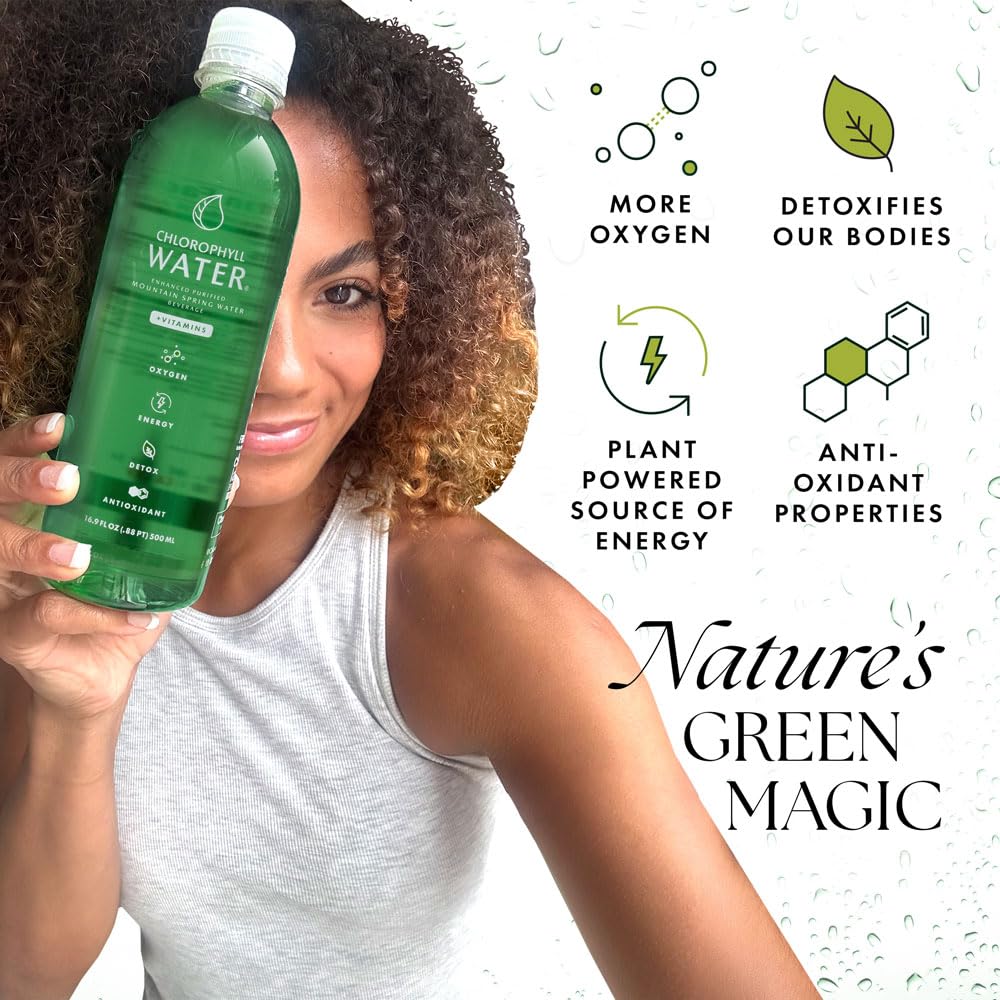 Chlorophyll Water drops close-up shows plant-based vitamins added.