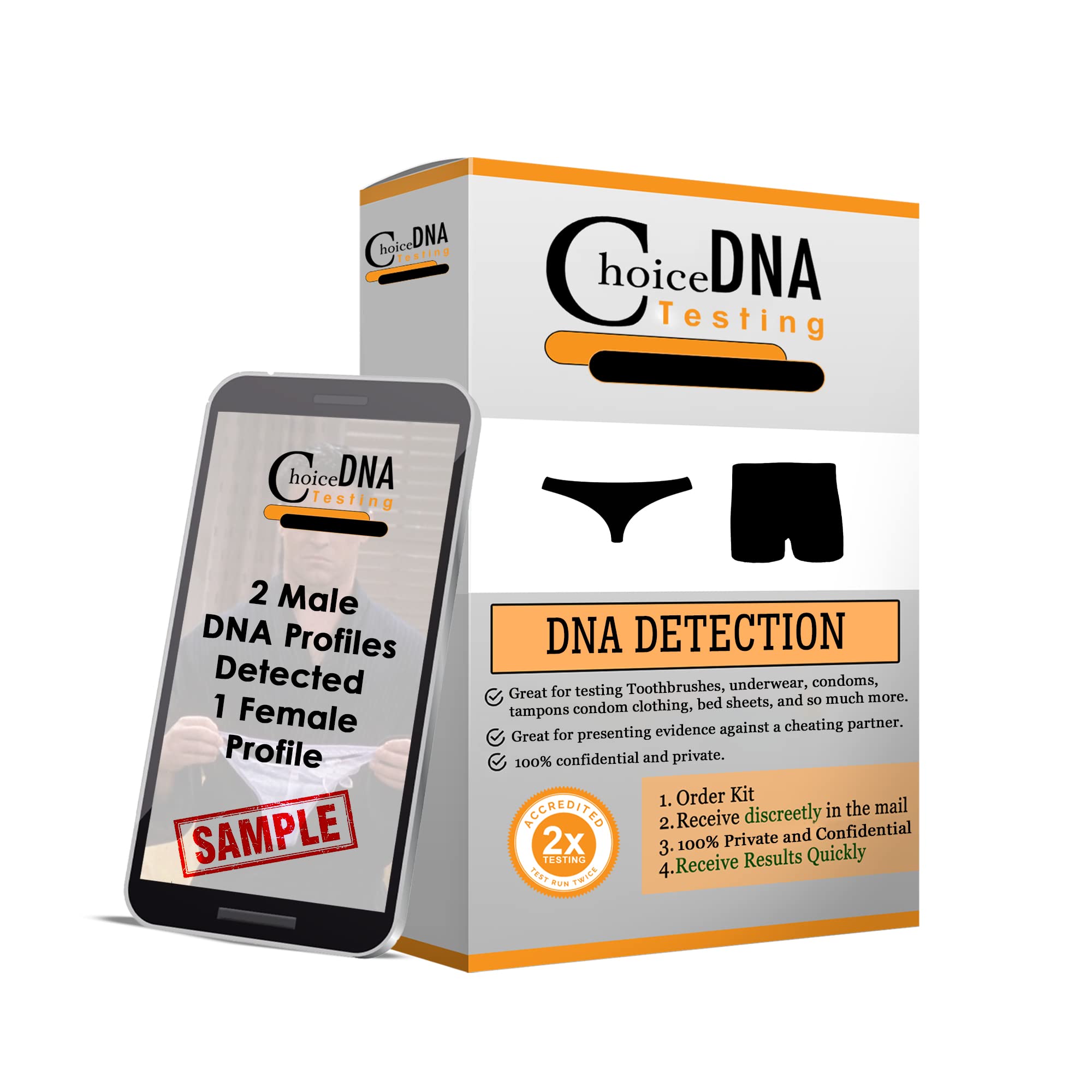 Choice DNA Testing infidelity kit packaging shows discreet, user-friendly setup for sensitive testing.